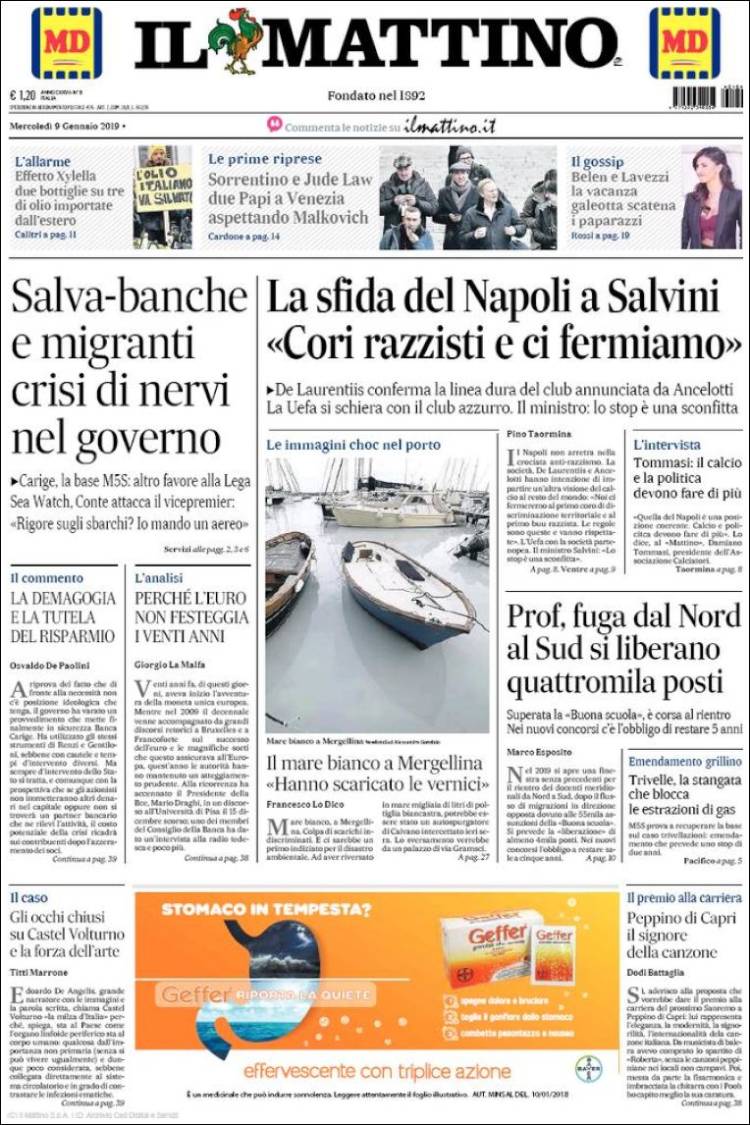 Portada de Il Mattino (Italia)