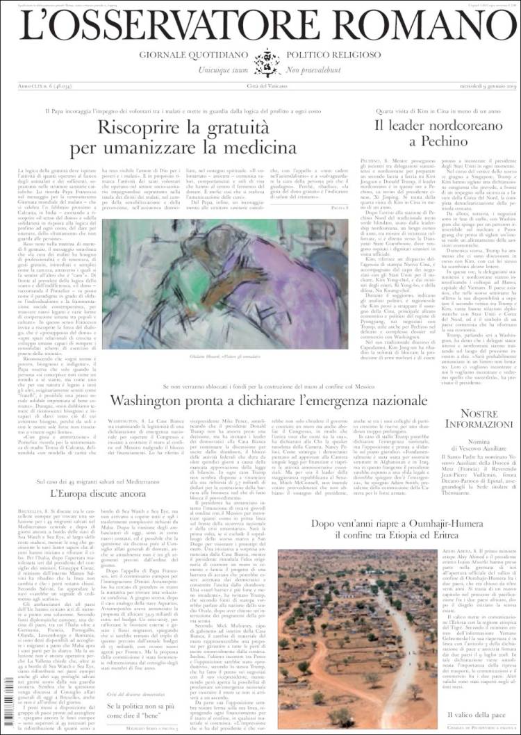 Portada de L'Osservatore Romano (Italia)