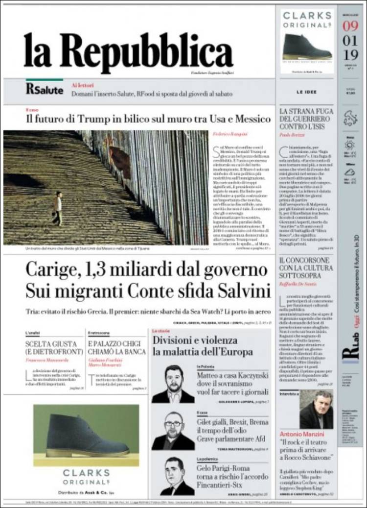 Portada de La Repubblica (Italia)