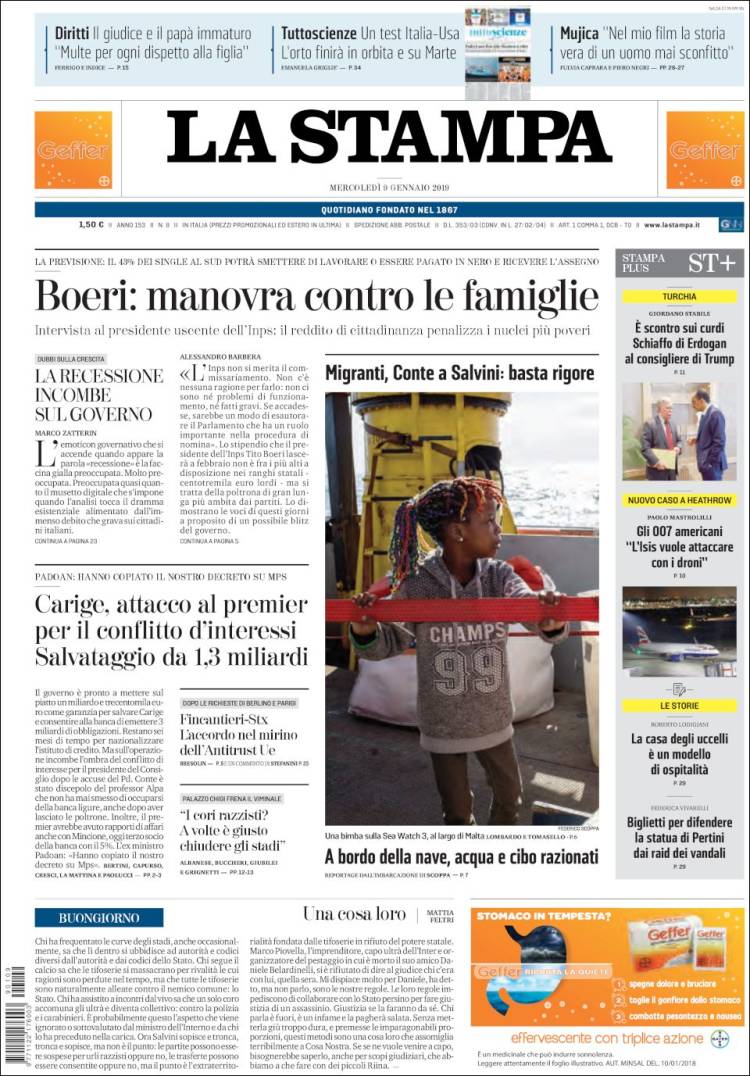 Portada de La Stampa (Italia)