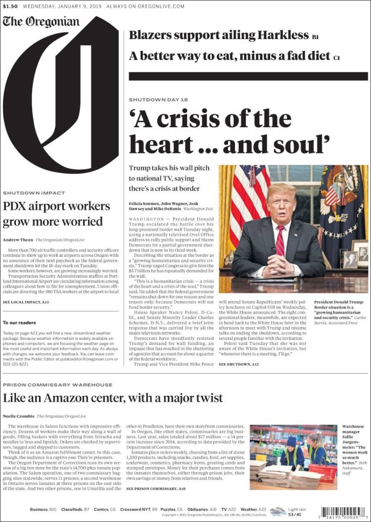 Portada de The Oregonian (USA)