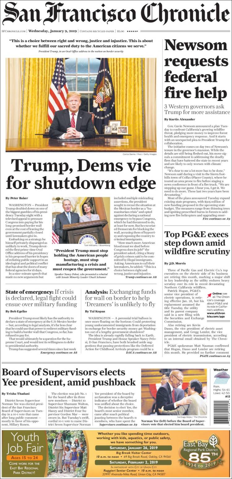 Portada de San Francisco Chronicle (USA)