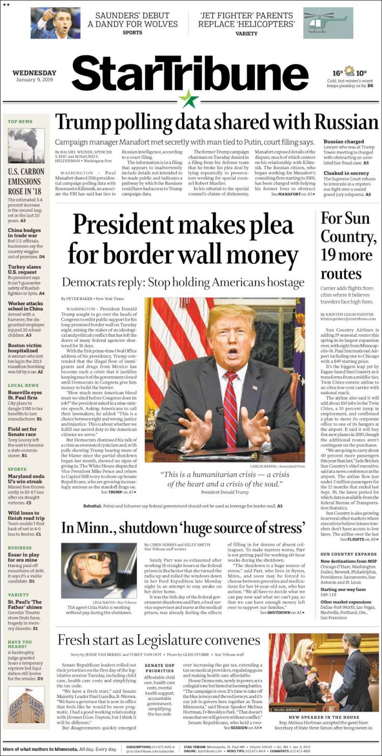 Portada de Star Tribune (USA)