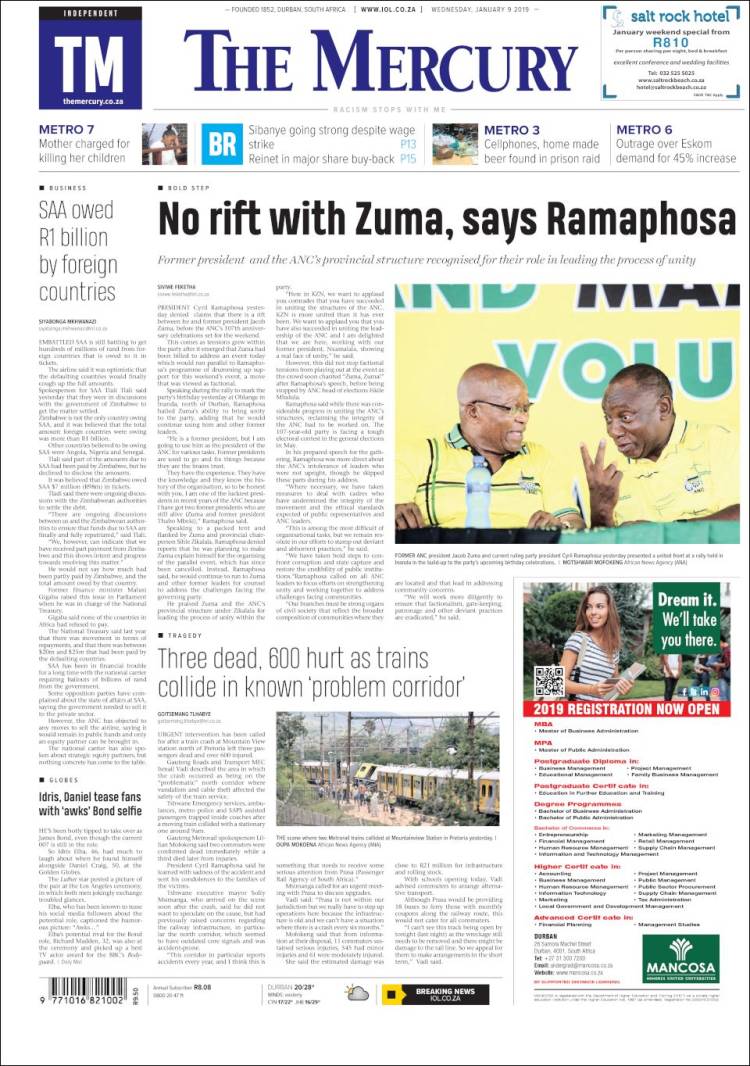 Portada de The Mercury (Sud&aacute;frica)