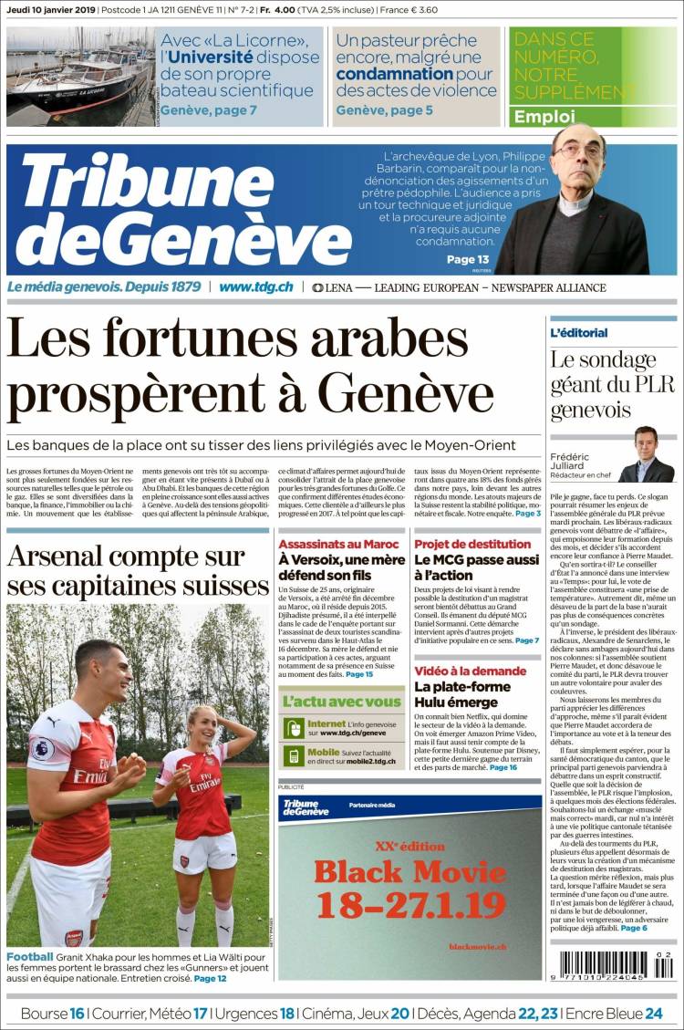 Portada de La Tribune de Genève (Suiza)