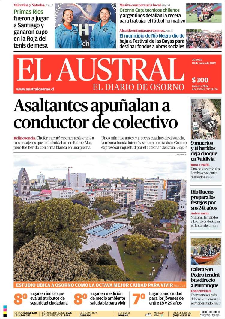 Portada de El Austral de Osorno (Chile)