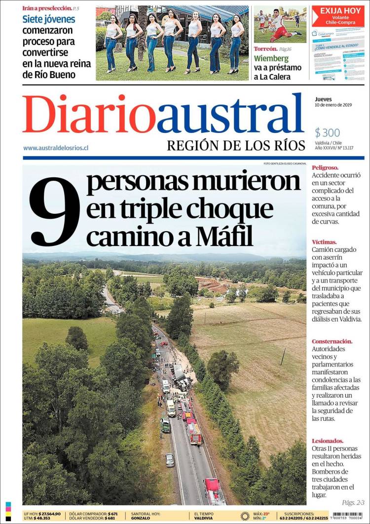 Portada de El Diario Austral de Valdivia (Chile)