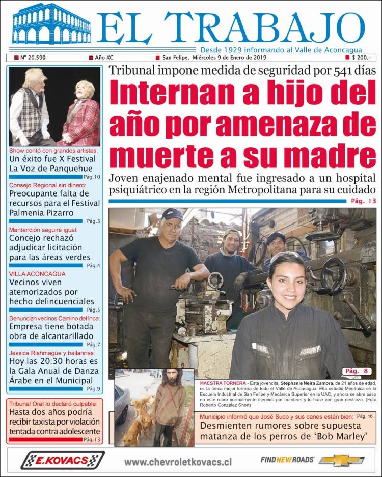 Portada de El Trabajo (Chile)