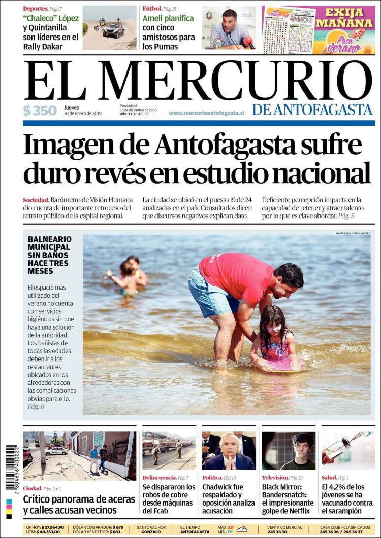 Portada de El Mercurio de Antofagasta (Chile)