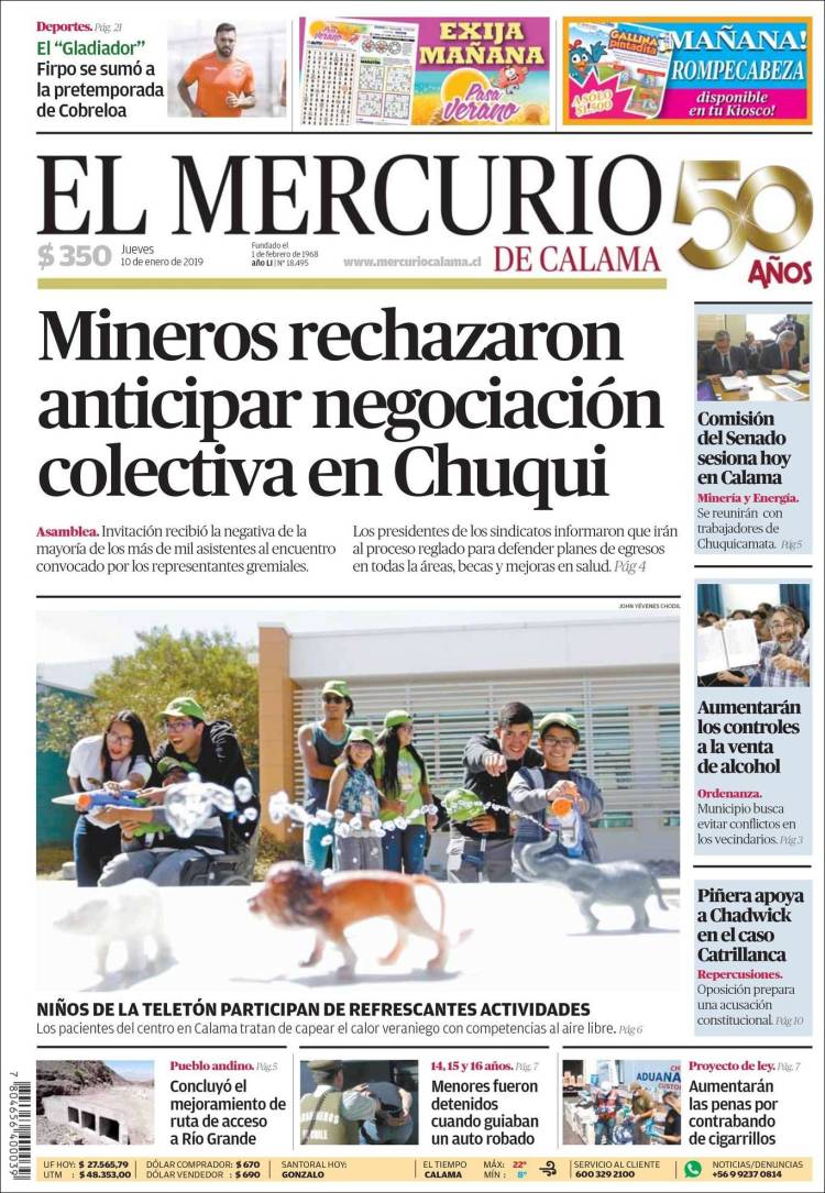 Portada de El Mercurio - Calama (Chile)