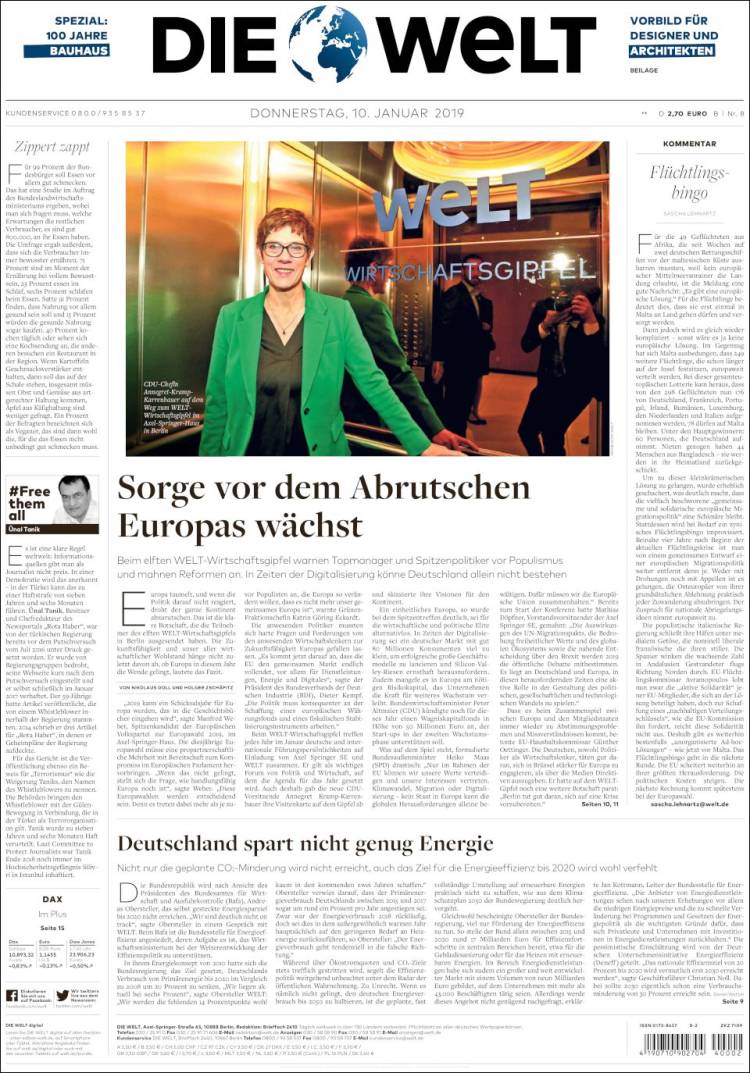 Portada de Die Welt (Alemania)