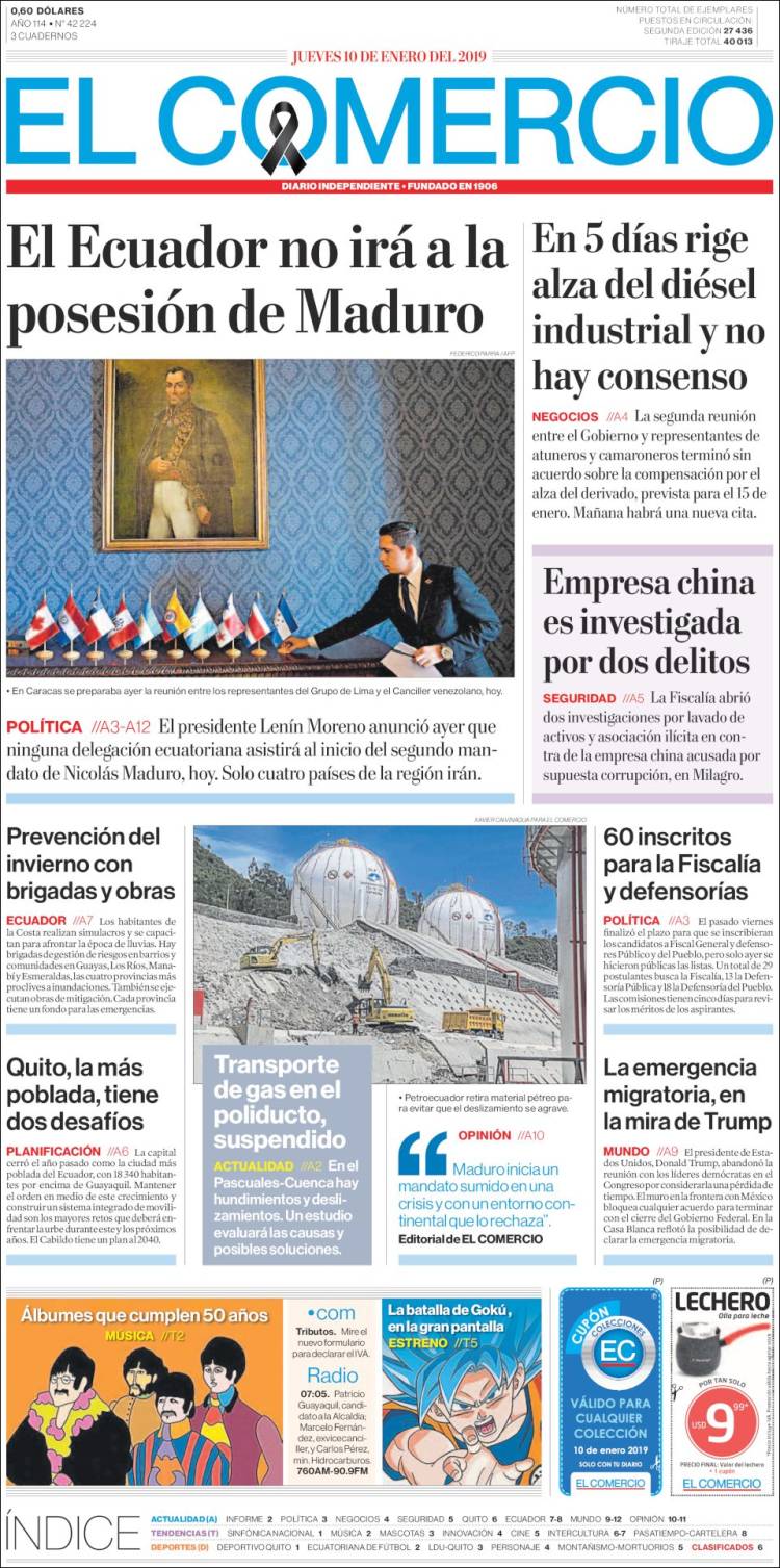 Portada de El Comercio (Ecuador)