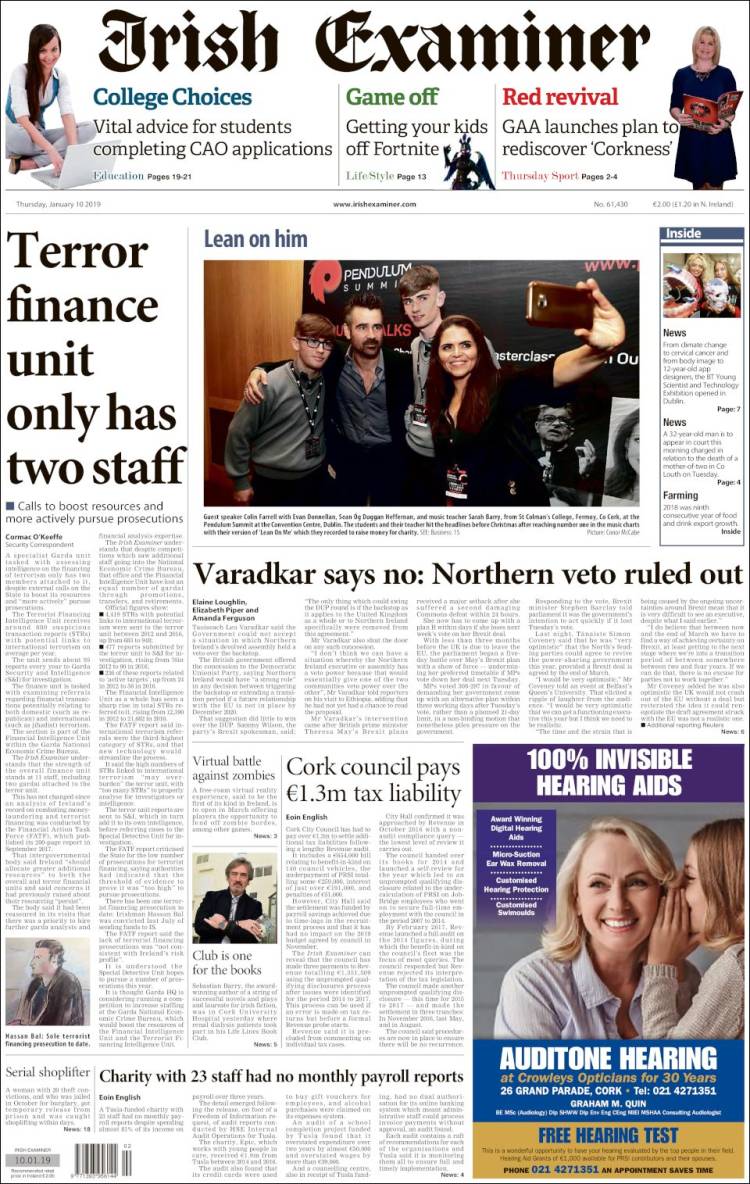 Portada de Irish Examiner (Irlanda)