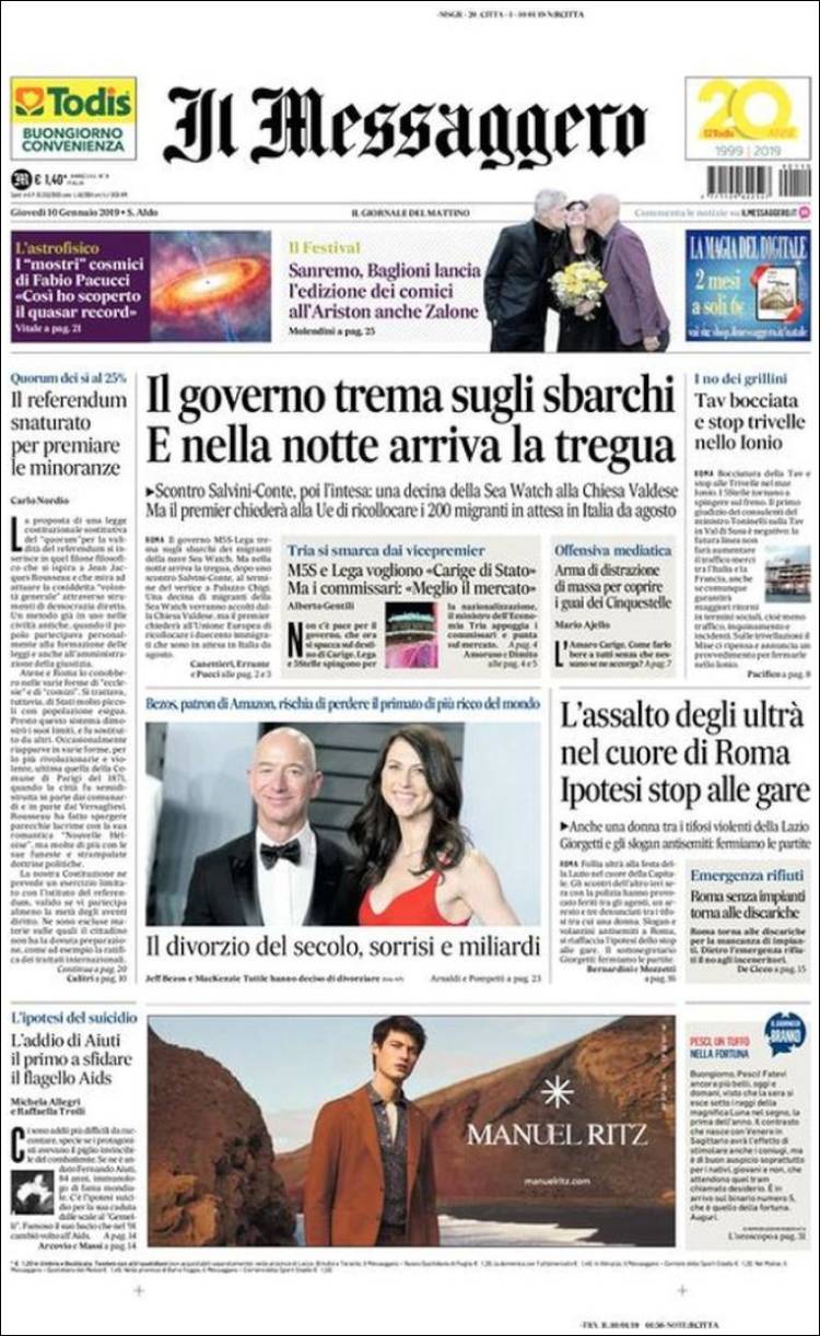 Portada de Il Messaggero (Italia)