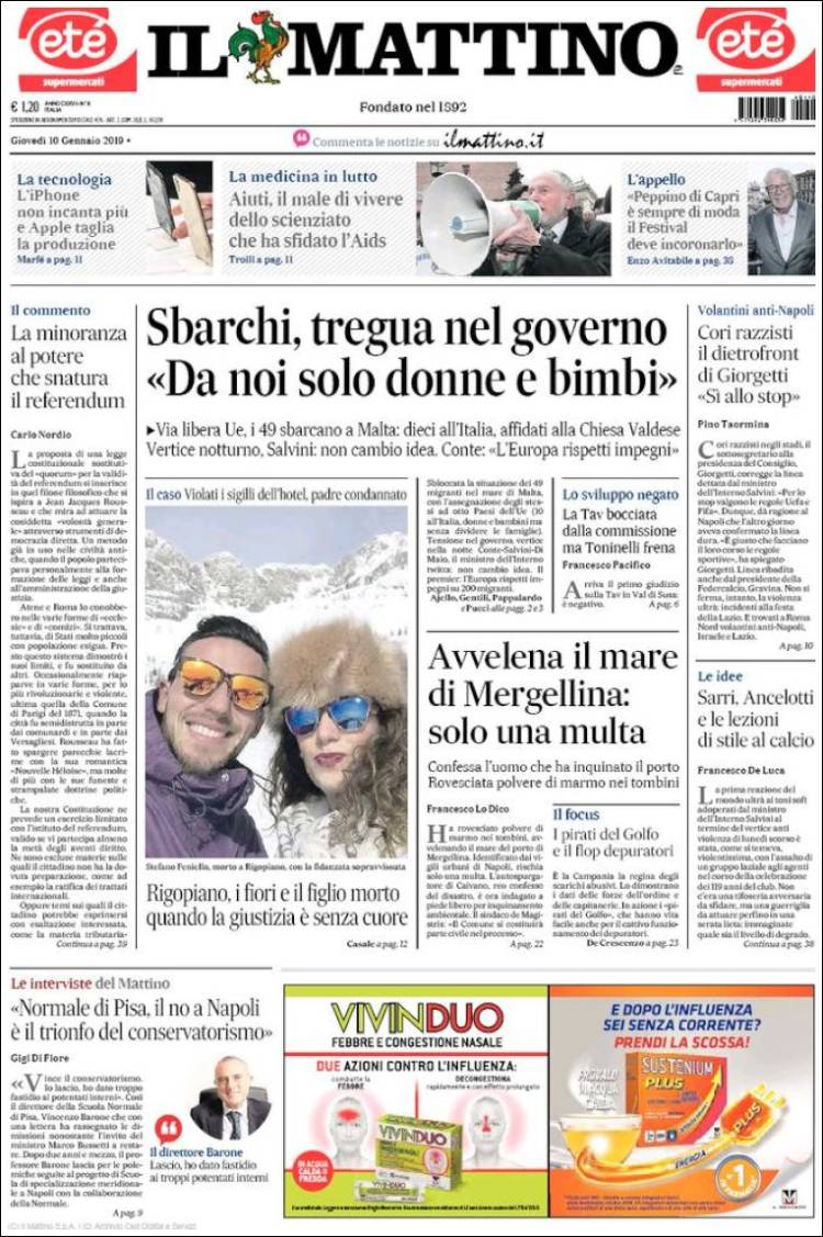 Portada de Il Mattino (Italia)