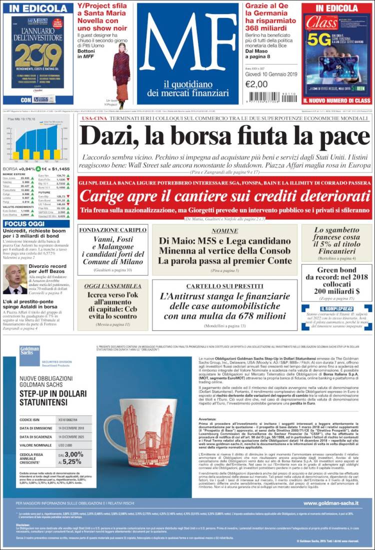 Portada de Milano Finanza (Italia)