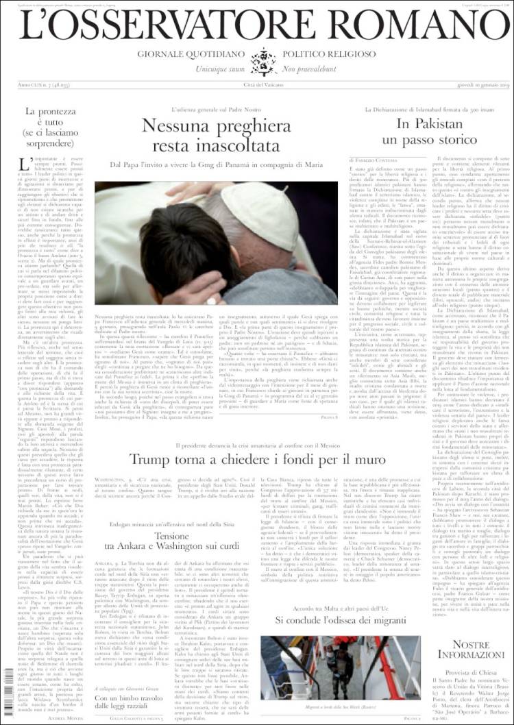 Portada de L'Osservatore Romano (Italia)