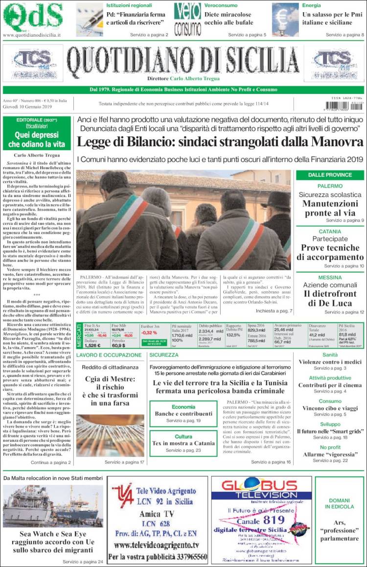 Portada de Quotidiano di Sicilia (Italia)