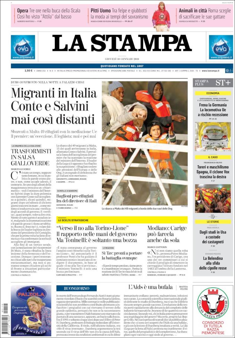 Portada de La Stampa (Italia)