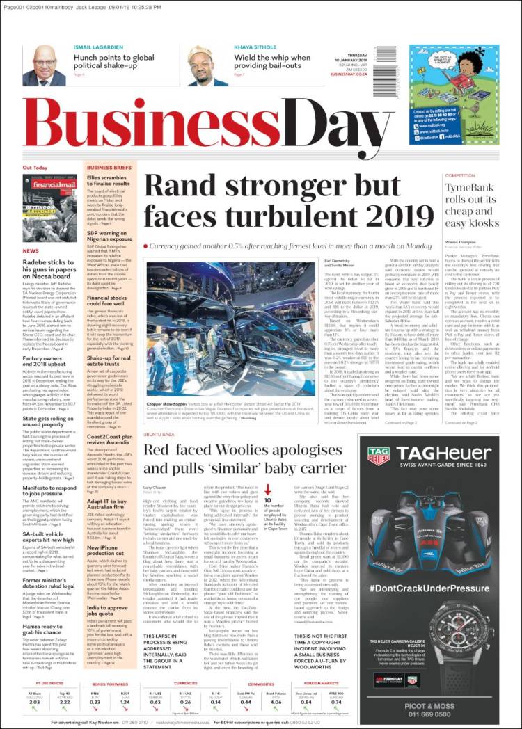 Portada de Business Day (Sud&aacute;frica)