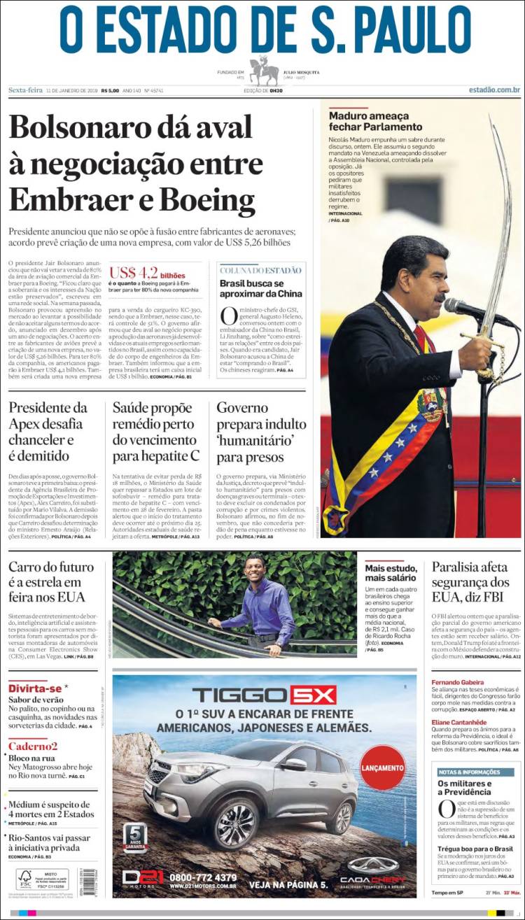 Portada de O Estado de São Paulo (Brasil)