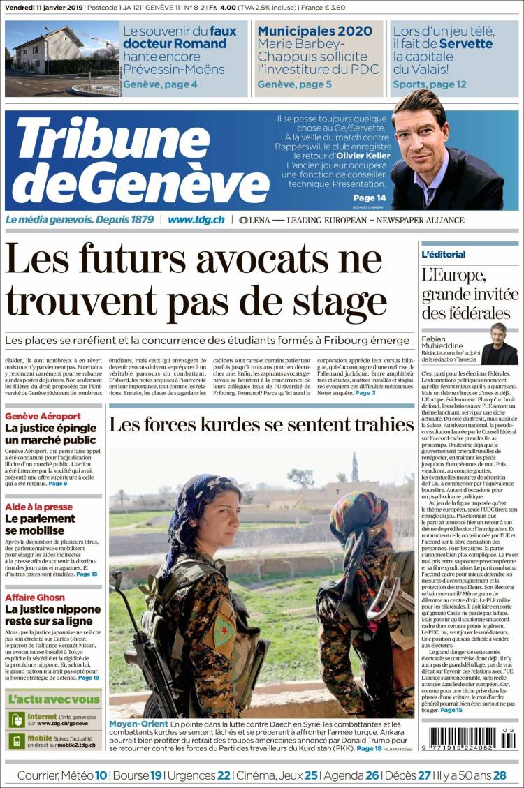 Portada de La Tribune de Genève (Suiza)
