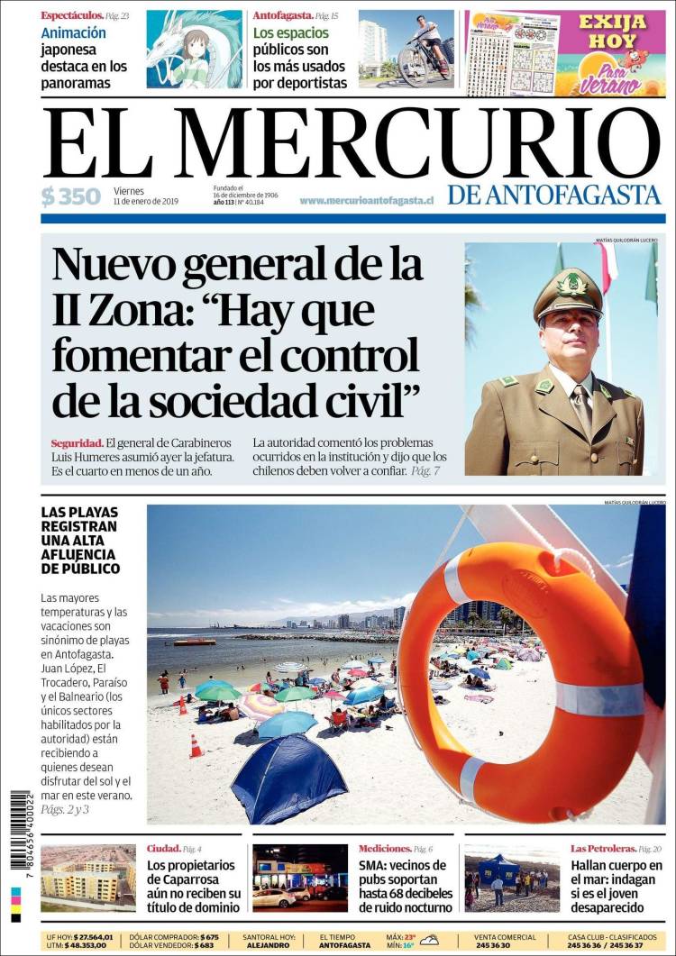 Portada de El Mercurio de Antofagasta (Chile)