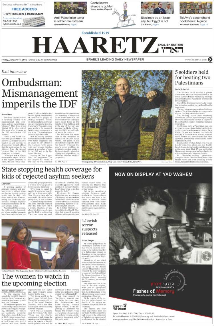 Portada de Haaretz (Israel)