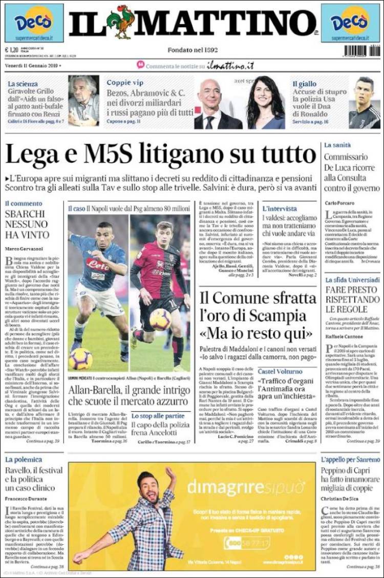 Portada de Il Mattino (Italia)