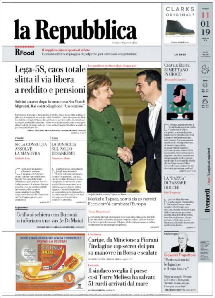 Portada de La Repubblica (Italia)