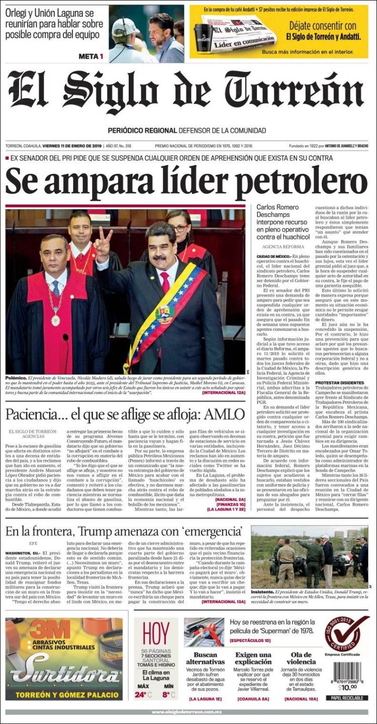 Portada de El Siglo de Torreon (México)