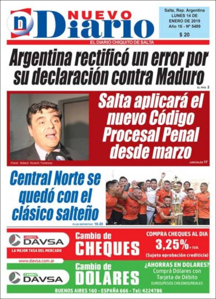 Portada de Nuevo Diario de Salta (Argentina)