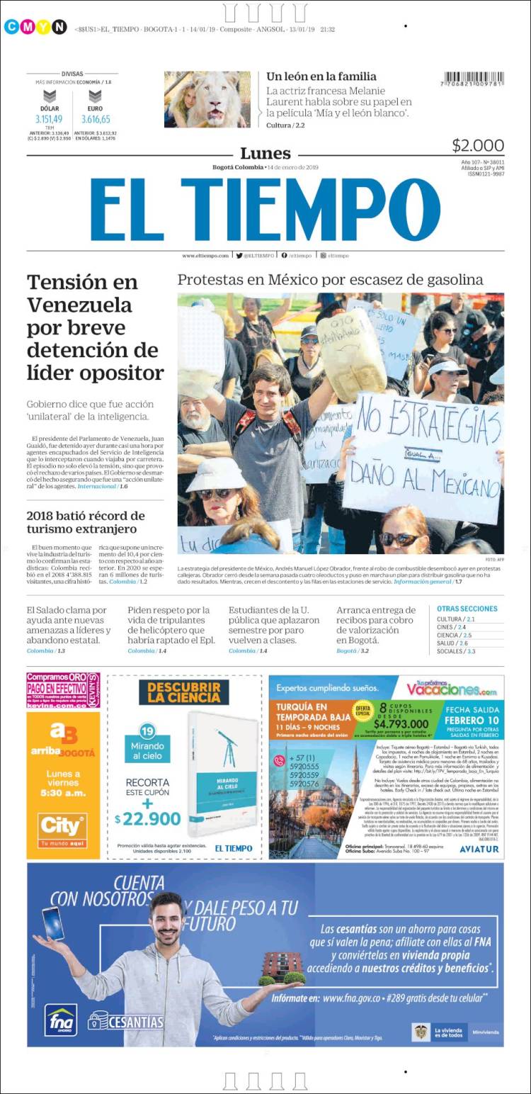 Portada de El Tiempo (Colombia)