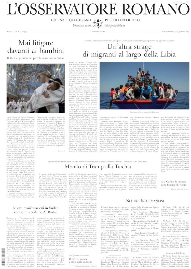 Portada de L'Osservatore Romano (Italia)