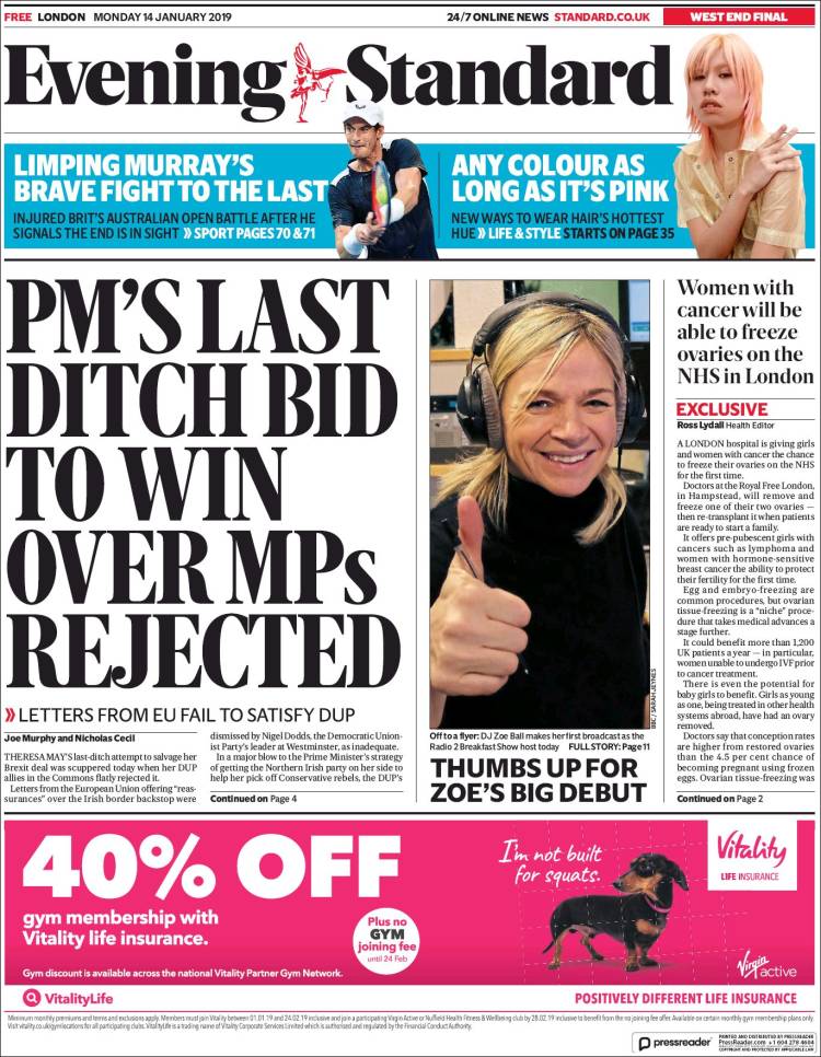 Portada de Evening Standard (Reino Unido)