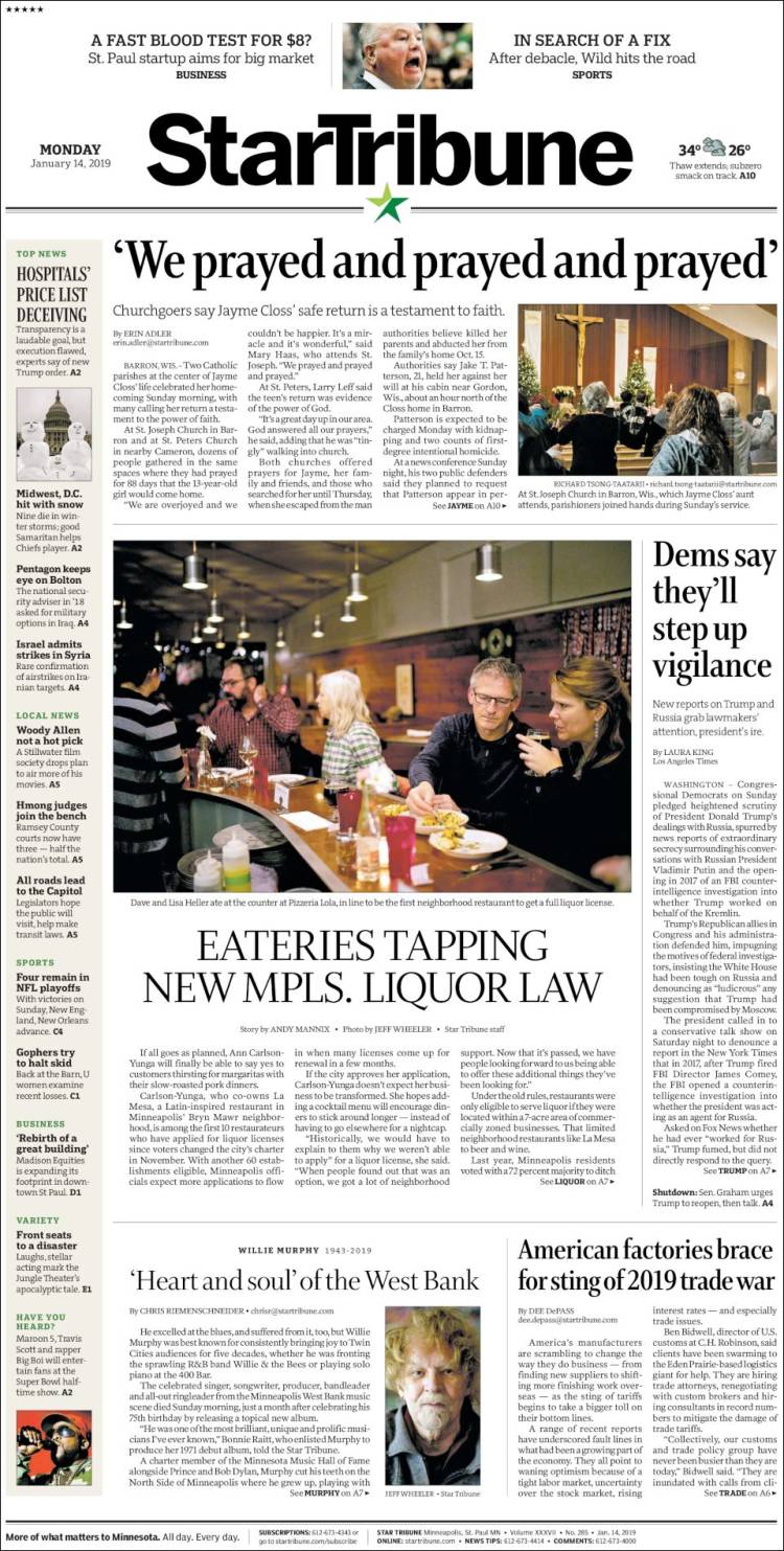 Portada de Star Tribune (USA)