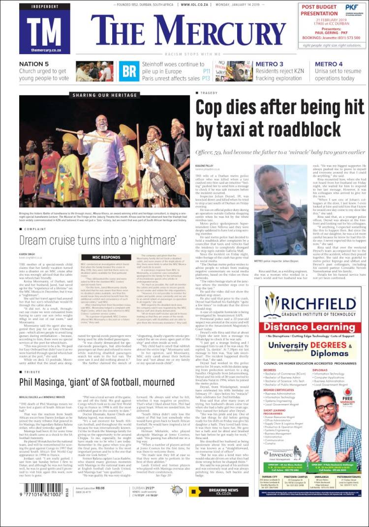 Portada de The Mercury (Sud&aacute;frica)