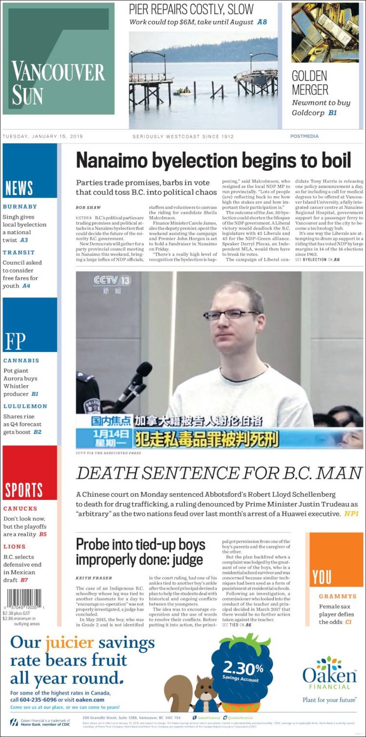 Portada de The Vancouver Sun (Canadá)