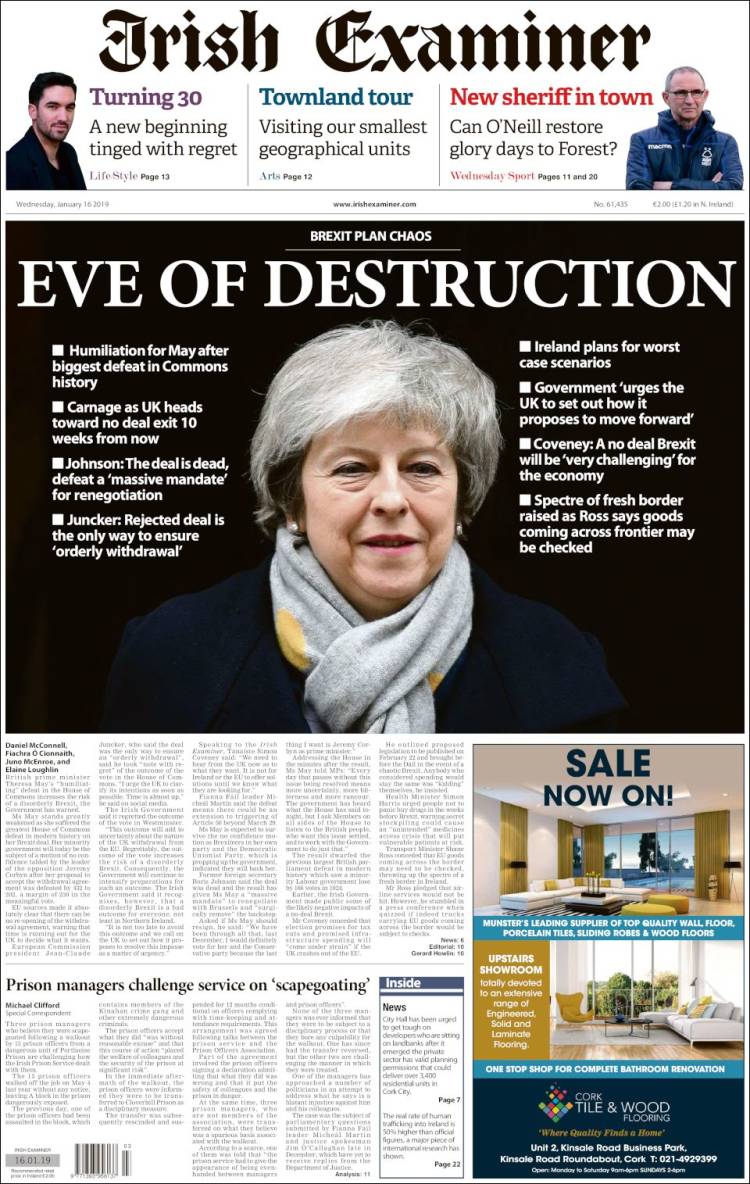 Portada de Irish Examiner (Irlanda)