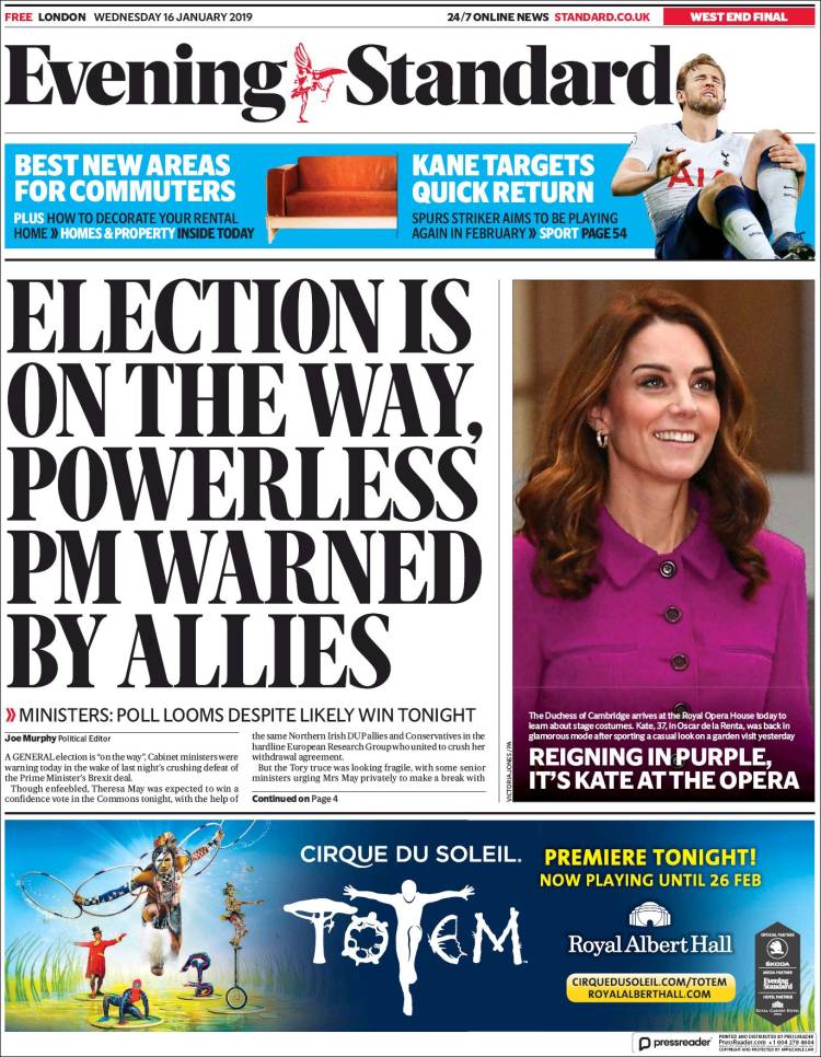 Portada de Evening Standard (Reino Unido)