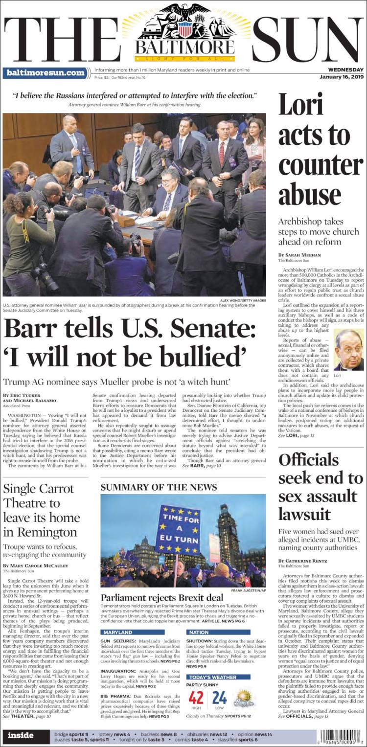 Portada de The Baltimore Sun (USA)