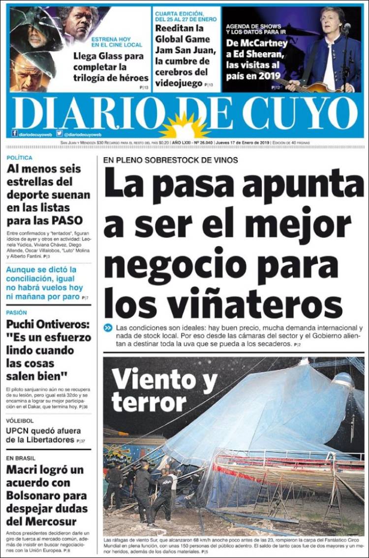 Portada de Diario de Cuyo (Argentina)