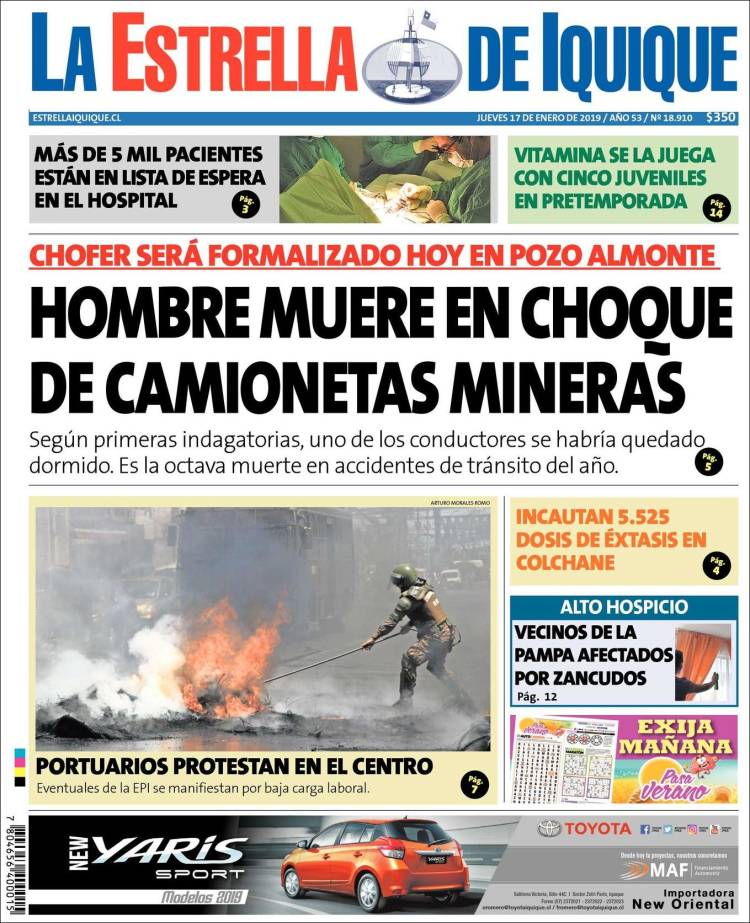 Portada de La Estrella de Iquique (Chile)