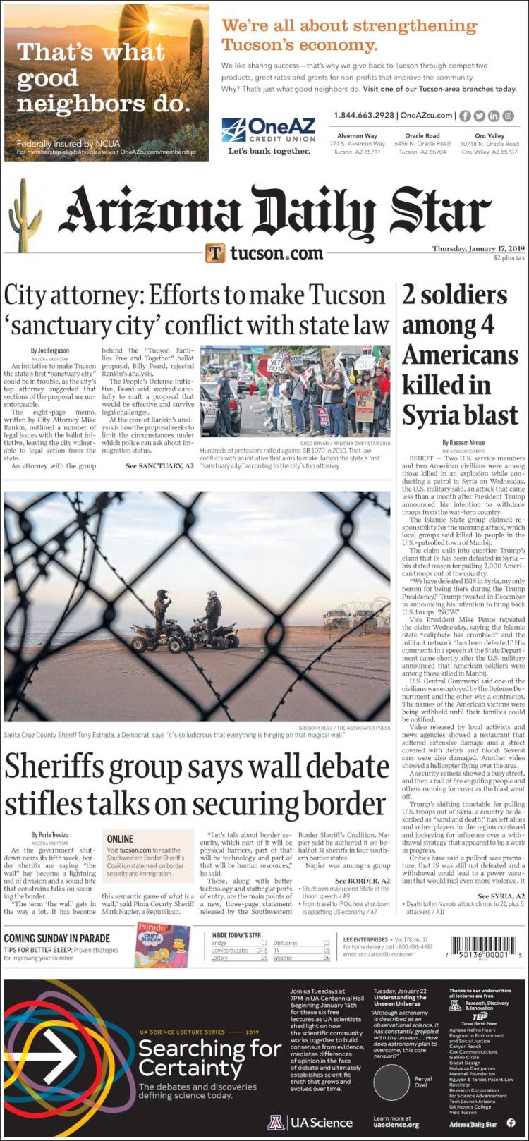 Portada de Arizona Daily Star (USA)