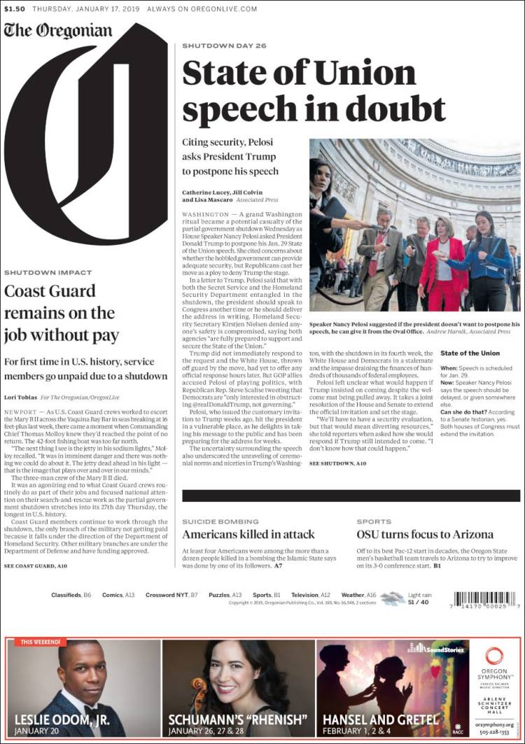 Portada de The Oregonian (USA)