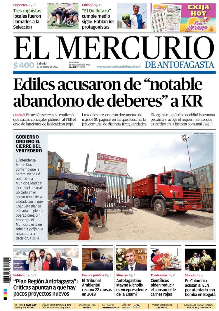Portada de El Mercurio de Antofagasta (Chile)