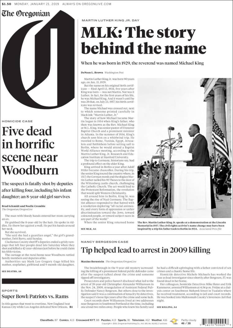 Portada de The Oregonian (USA)