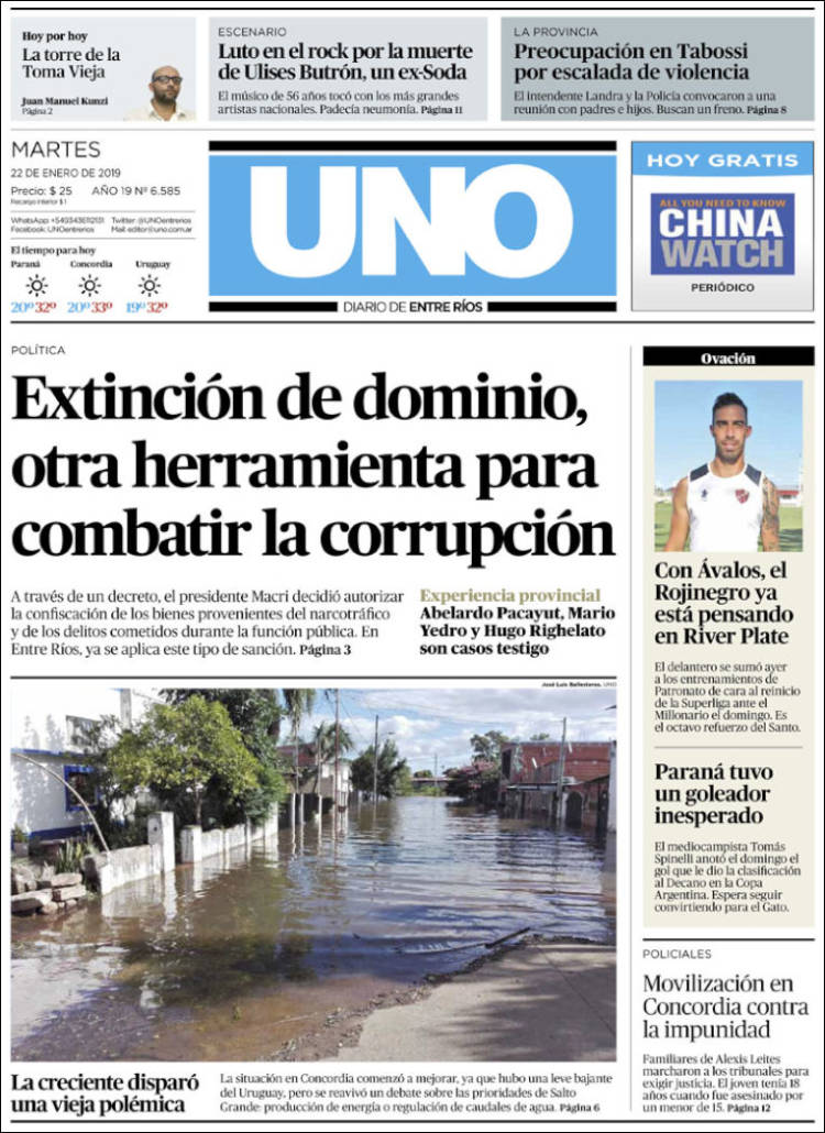 Portada de Diario Uno de Entre Ríos (Argentina)