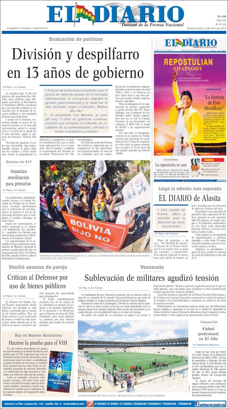 Portada de El Diario (Bolivia)