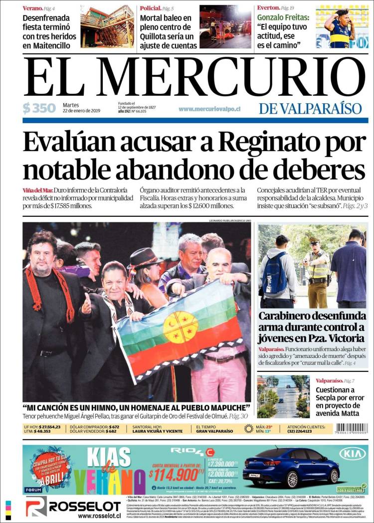 Portada de Mercurio de Valparaiso (Chile)